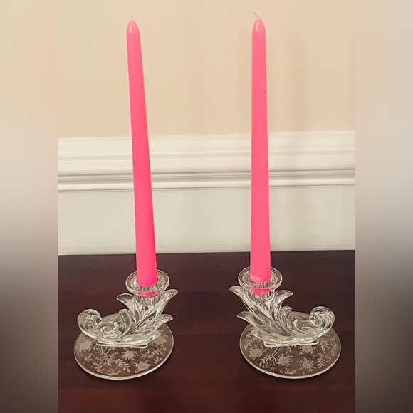 Fostoria Other - Absolutely Adorable Fostoria Baroque Crystal Candlestick Pair Etched Base 3.75”
